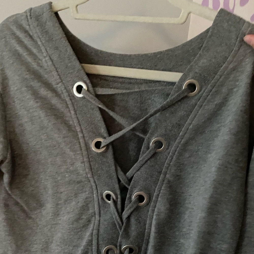 Gray lace up back long sleeve top